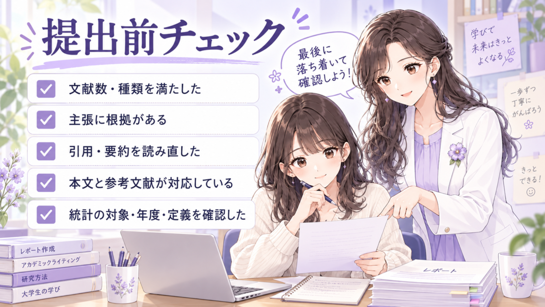大学レポート提出前に確認したい項目をチェックリスト形式でまとめた図解