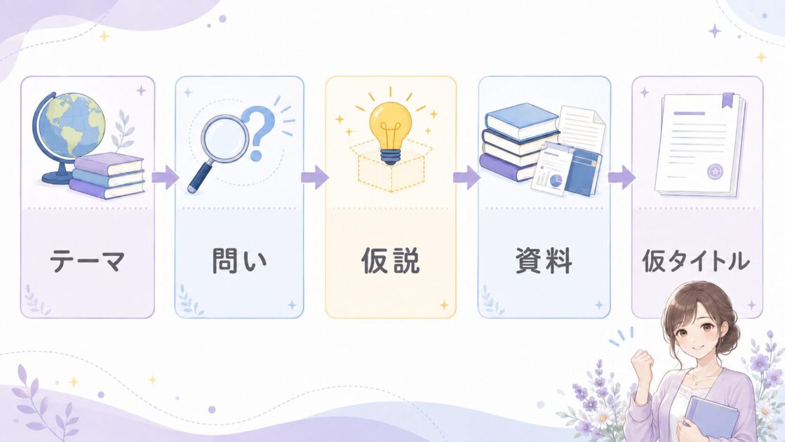 大学レポートでテーマから問い、仮説、資料、仮タイトルへ進む流れを示した図解