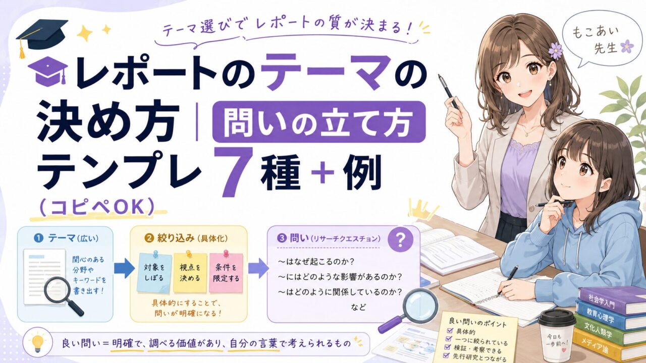 大学レポートのテーマを絞り、問いを立てる方法を解説するもこあい先生と大学生のアイキャッチ画像