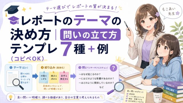 大学レポートのテーマを絞り、問いを立てる方法を解説するもこあい先生と大学生のアイキャッチ画像