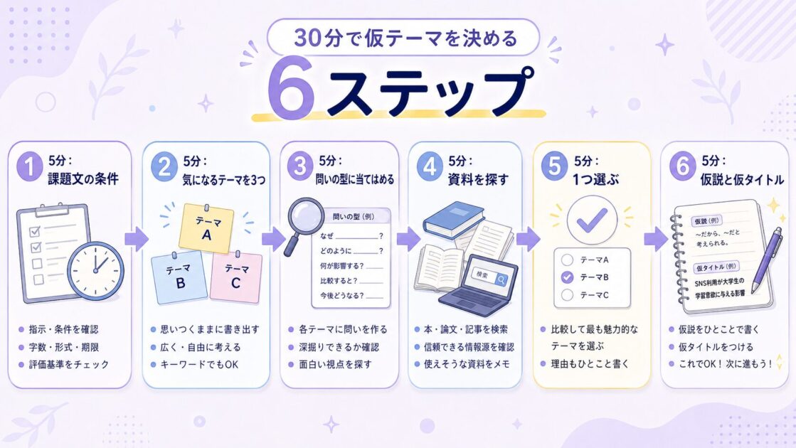 大学レポートの仮テーマを30分で決める6ステップをまとめた行動シート