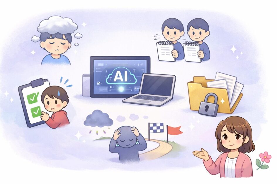 AIに全部やらせると理解不足や依存や情報の扱いの雑さにつながることを整理した挿絵