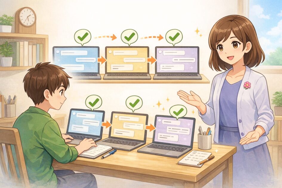 勉強に使うAIをまず無料版で少し試して相性を見る流れを示した挿絵