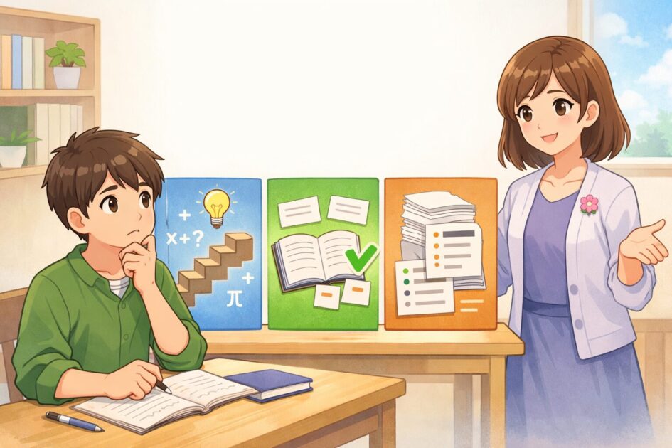 勉強に使うAIを理解重視と整理重視と長文整理重視で選ぶ考え方を示した挿絵