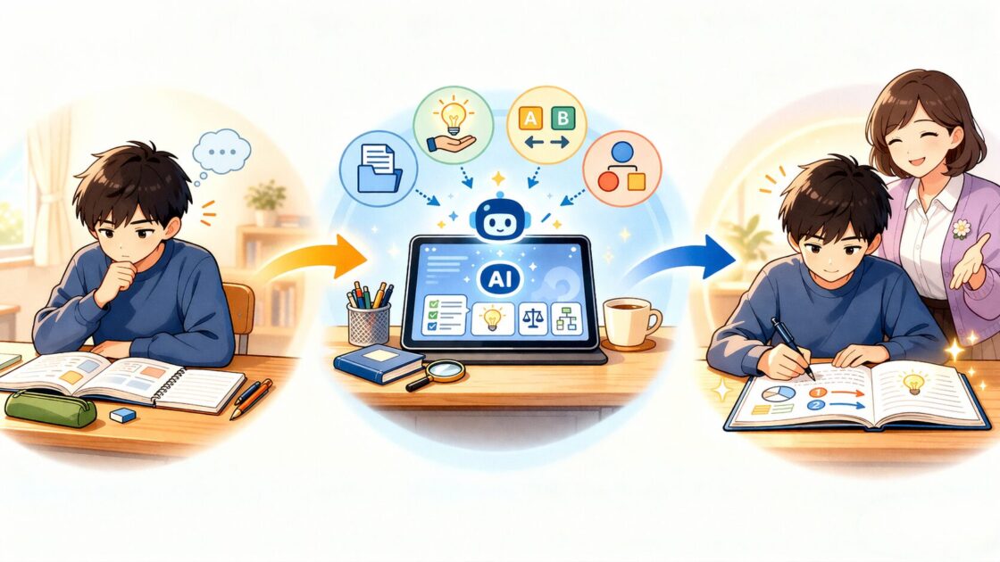 AIは整理やヒントに使い最後は自分で考えて仕上げる流れを示した挿絵