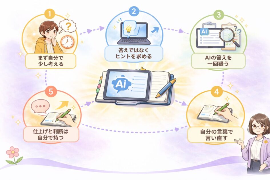 AIを使うときに考える力を守る五つの基本ルールを整理した挿絵