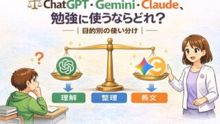ChatGPTとGeminiとClaudeを勉強でどう使い分けるかを目的別に比較したアイキャッチ画像