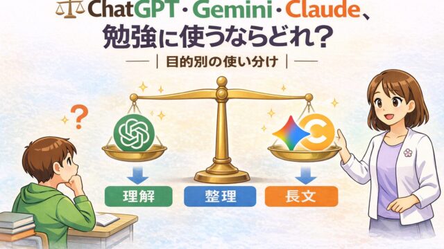 ChatGPTとGeminiとClaudeを勉強でどう使い分けるかを目的別に比較したアイキャッチ画像