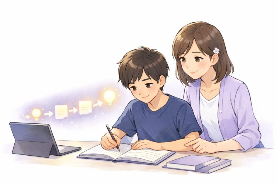 ChatGPT学習モードで答えを急がずヒントを受けながら理解を深めていく流れを示した挿絵