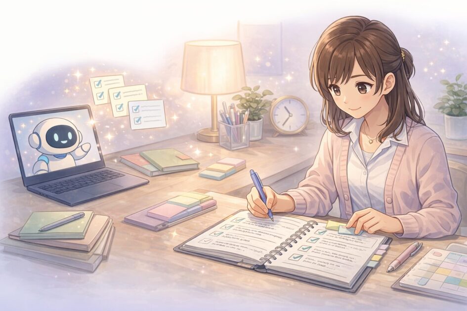 ChatGPT学習モードで使う質問テンプレを手帳やノートに整理している恵子の挿絵