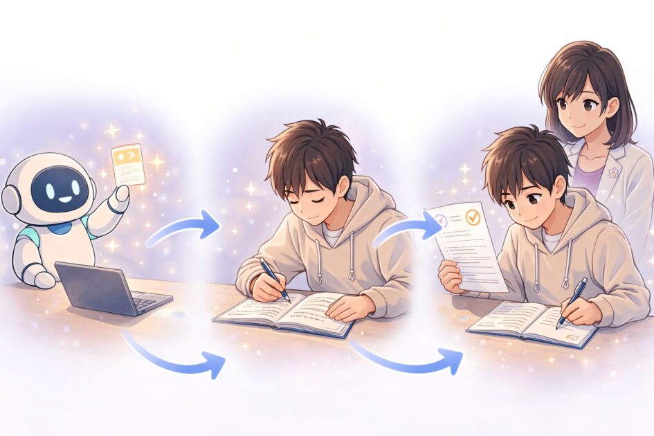 ChatGPT学習モードでヒントをもらい考えて確認問題で理解を深める質問の流れを示した挿絵