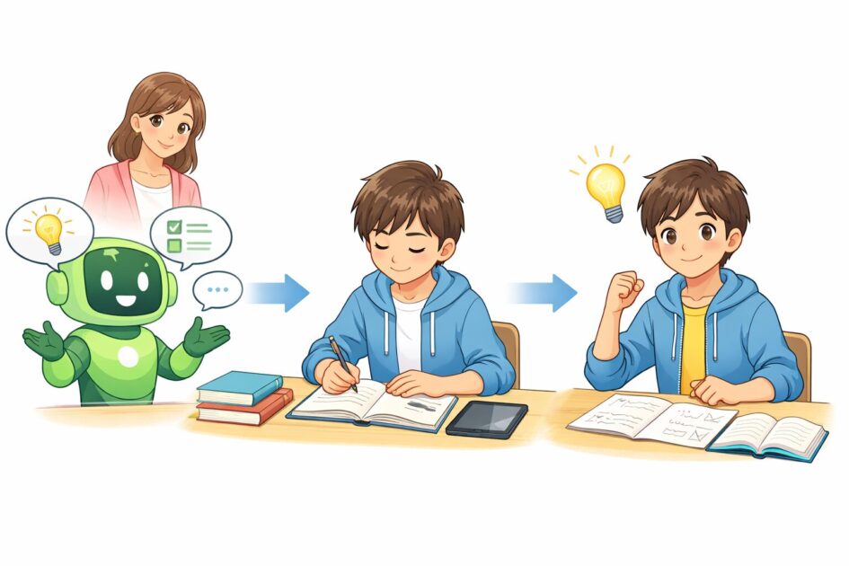 ChatGPT学習モードはヒントや整理に使い最後は自分で理解して仕上げる流れを示した挿絵