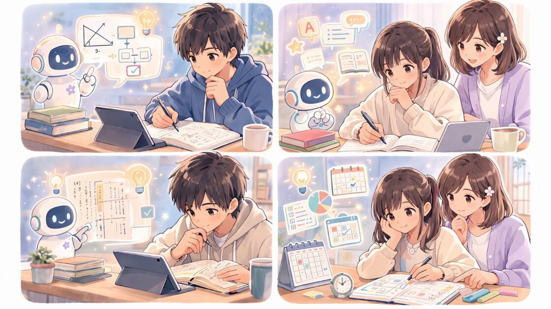 ChatGPT学習モードが数学や英語や古文や勉強計画で役立つ場面を4つの小場面で示した挿絵