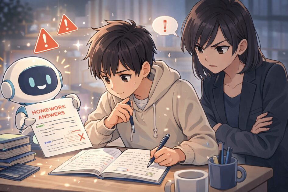 ChatGPT学習モードを使っても宿題の丸投げやコピペは危険だと伝える注意喚起の挿絵