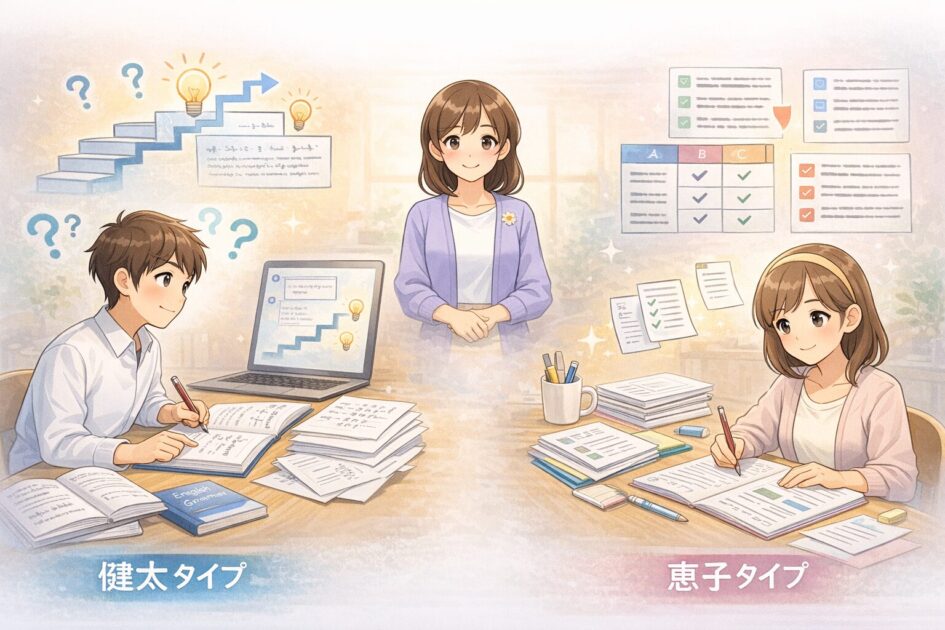 理解したい健太と整理したい恵子でAIの使い方が違うことを示した挿絵