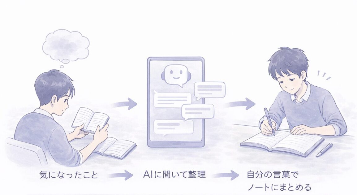『こころ』の感想文づくりでAIを整理役として使い気になったことを深めて自分の言葉に戻す流れを示した図