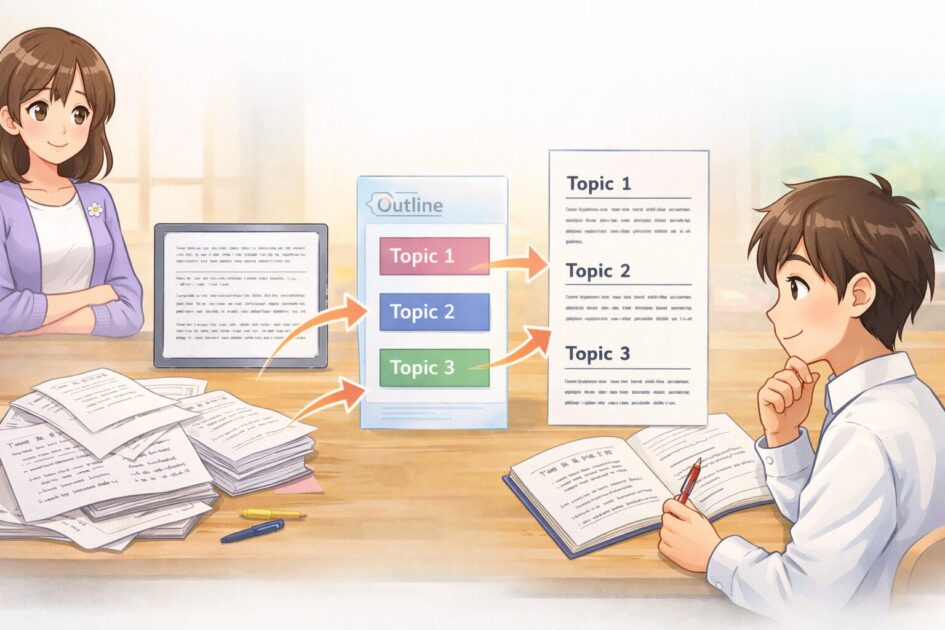 長文やレポートの下書きを要点ごとに整理して読みやすく整える流れを示した挿絵