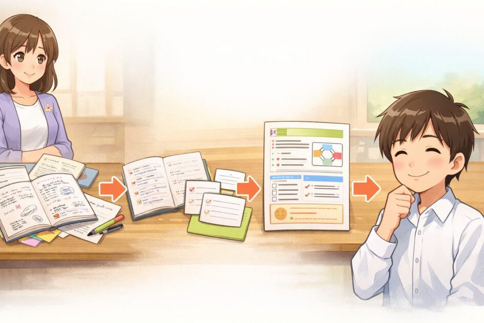 授業ノートを復習しやすい形に整理して確認問題まで作る流れを示した挿絵