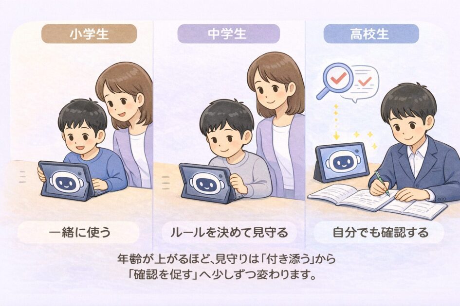 小学生は一緒に使い、中学生はルールを決め、高校生は自分で確認する流れを年齢別に示した挿絵