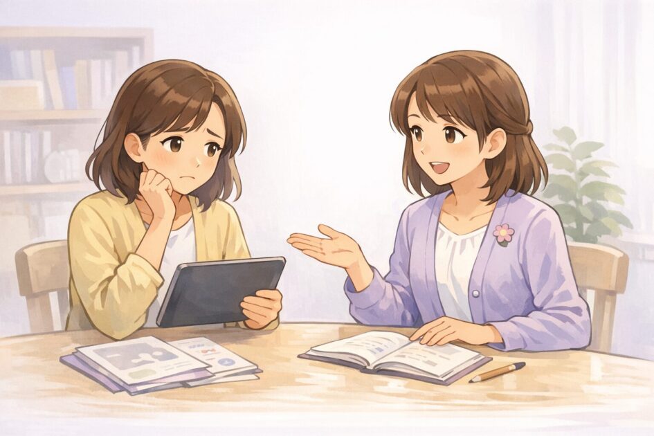 子どものAI利用に不安を感じる保護者に、もこあい先生がやさしく見守りの考え方を説明している挿絵