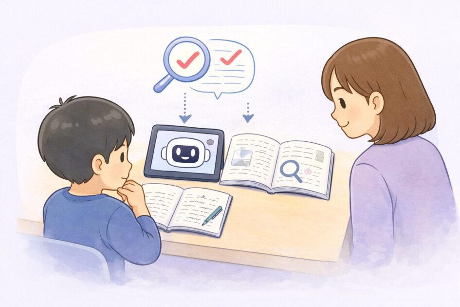 AIの回答を教科書やノートと見比べて確認する大切さを示した挿絵