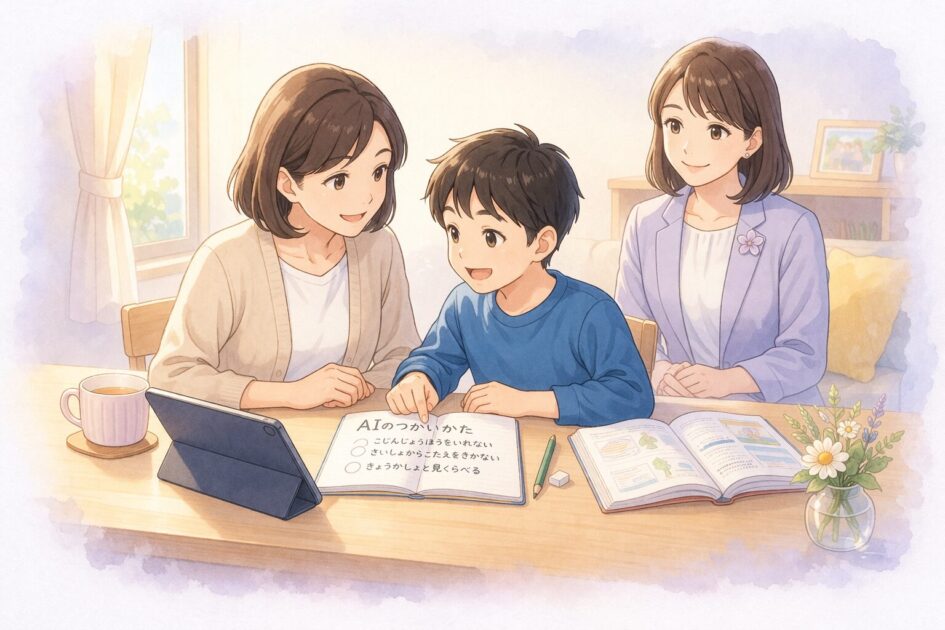 家庭でAIの使い方の約束を決めて、保護者と子どもが安心して見守りながら学んでいる様子を描いた挿絵
