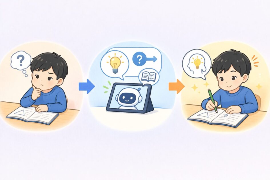 AIを答えそのものではなくヒントや説明に使い、子どもが自分で考える時間を残す流れを示した挿絵
