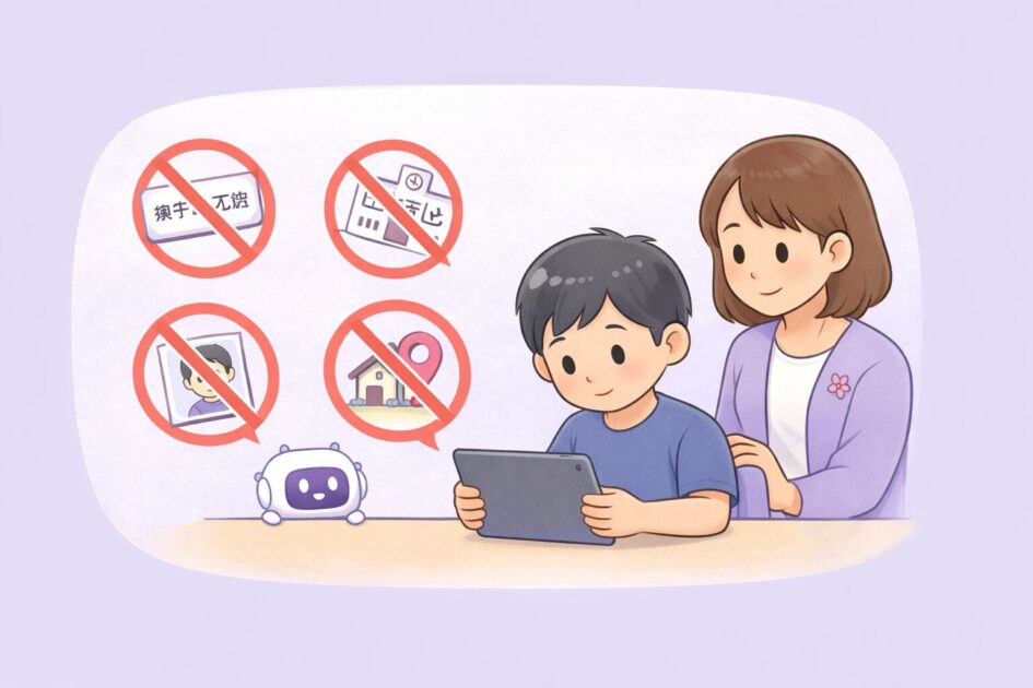 子どもがAIに個人情報を入れずに安全に使うための考え方を示した挿絵