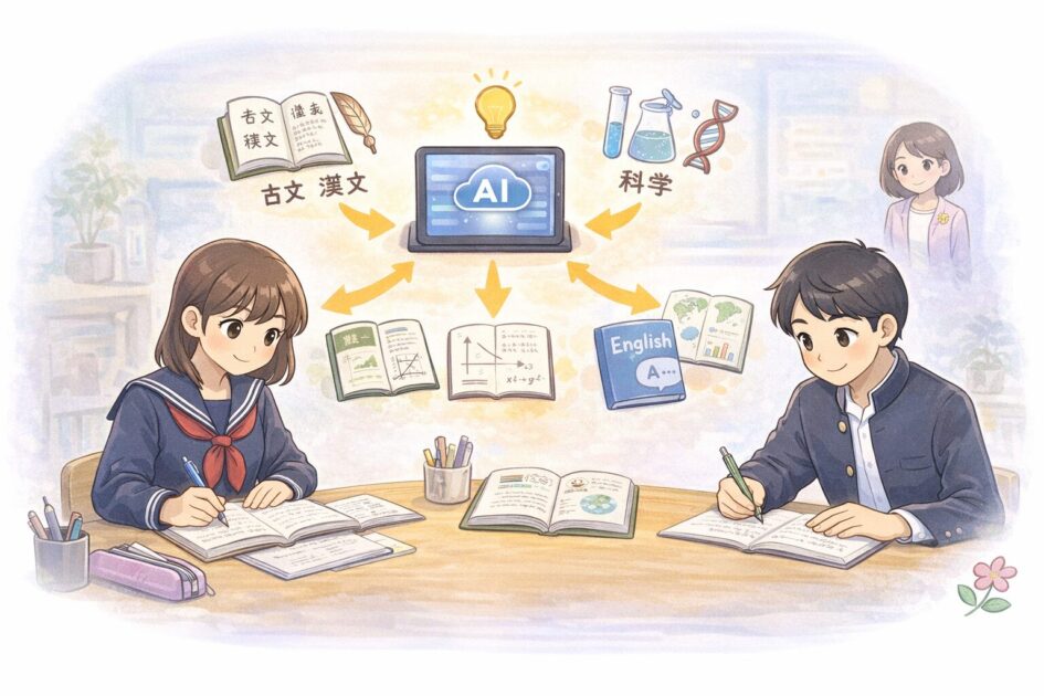 中学生や高校生が国語数学英語理科社会でAIを答えではなく整理やヒントに使う流れを示した挿絵