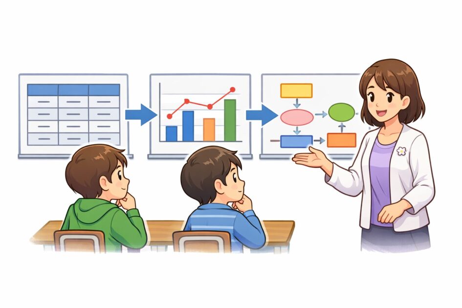 勉強内容を表とグラフと図解に変えて理解しやすさを比べる流れを示した挿絵