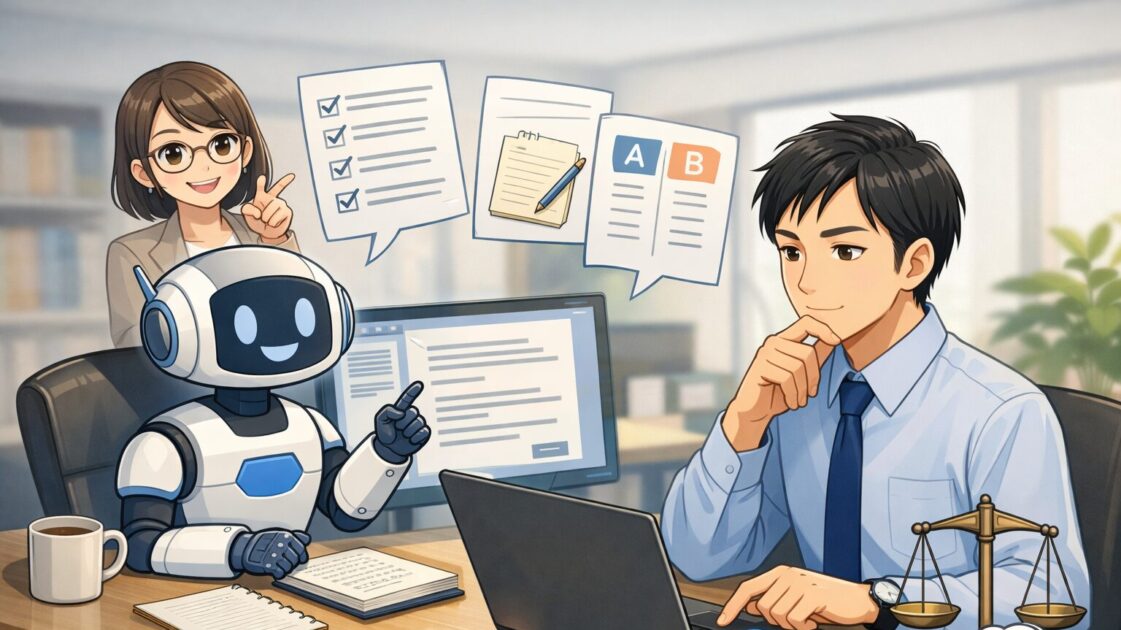 社会人がメールや要約や企画でAIをたたき台や整理役として使い最後は自分で判断する様子を示した挿絵