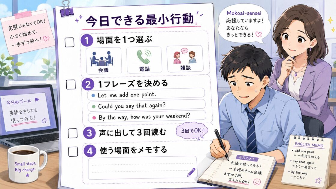 ビジネス英語で会議・電話・雑談から1つ選び、使う1フレーズを決める最小行動シート