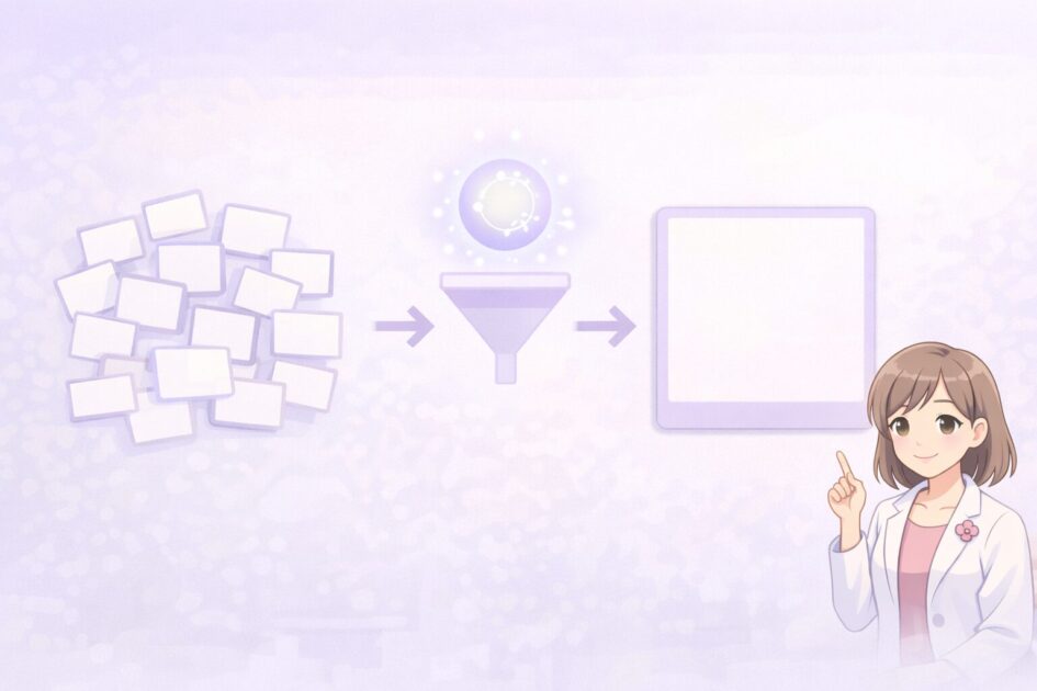 AIで候補を増やすのではなく安全な1フレーズに絞るイメージを示す図