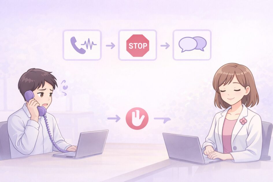 é»è©±ã§èãåããªããšãã«äžå¯§ãªèãè¿ãã§äŒè©±ãæ¢ããŠç«ãŠçŽãæµãã瀺ãå³