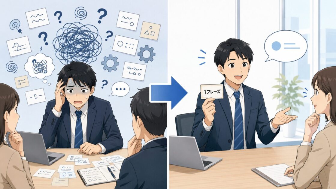 長い英文をその場で作ろうとして固まる人と短い1フレーズを準備した人の比較