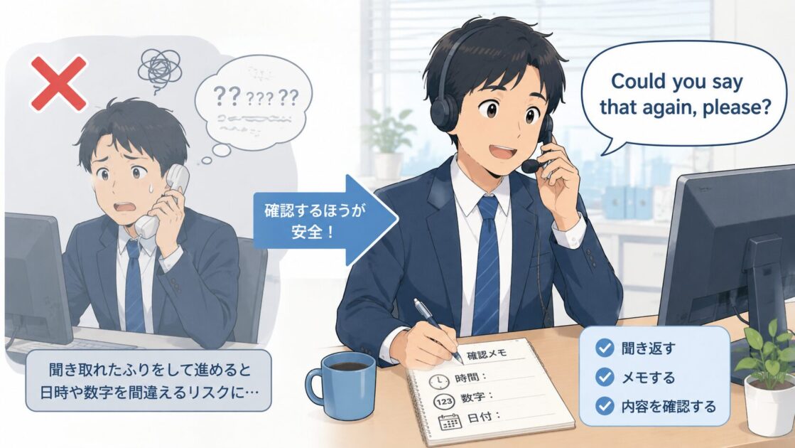 電話でCould you say that again pleaseと丁寧に聞き返す会社員