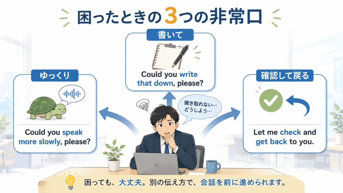 英語で困ったときにゆっくり話す、書いてもらう、確認して戻る3つの非常口