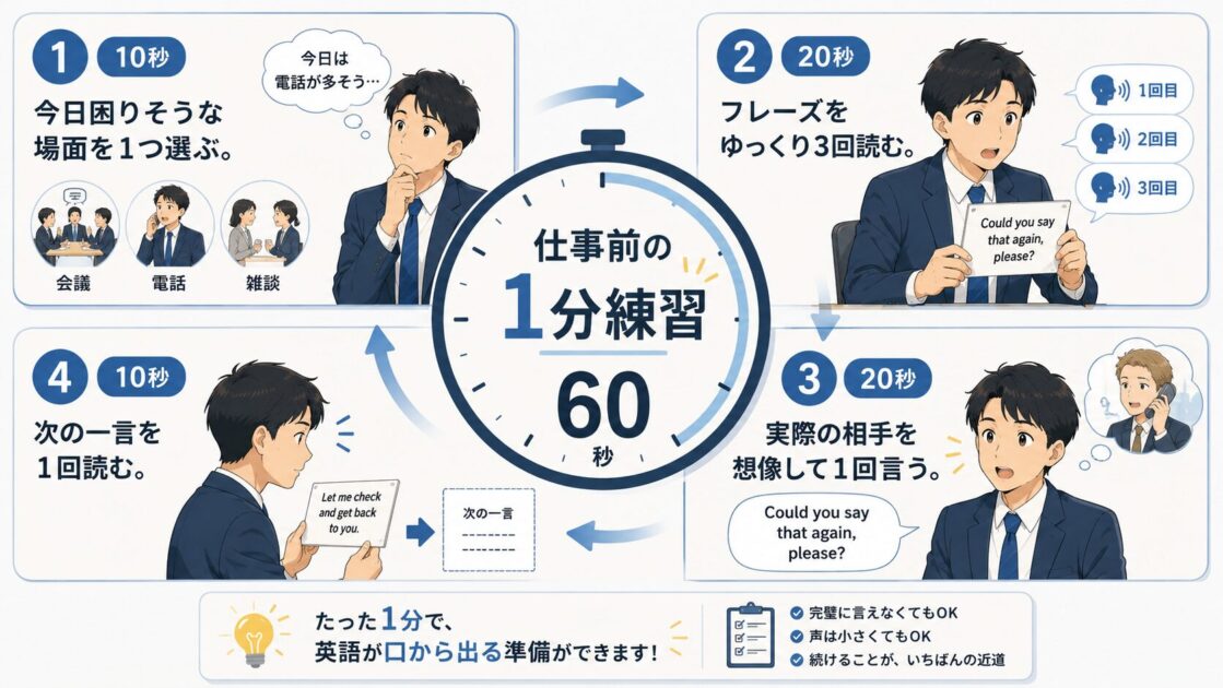 ビジネス英語を口から出せるようにする仕事前の1分練習4ステップ 画像説明文