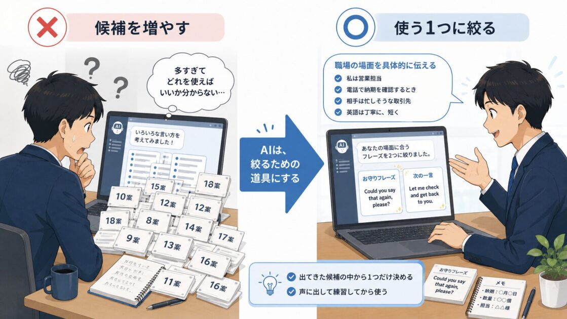 AIに大量の英語表現を出させず職場で使う1フレーズへ絞る方法