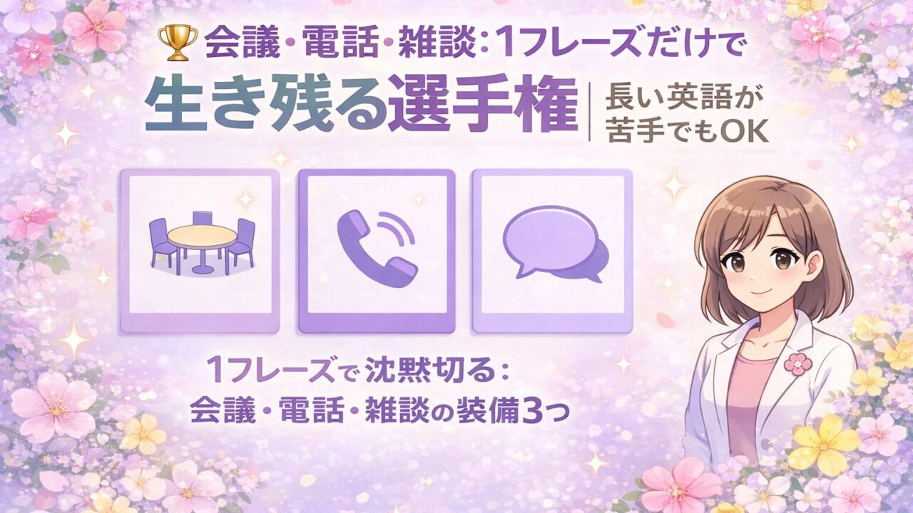 会議・電話・雑談を1フレーズで乗り切る方法を示すタイトル入りアイキャッチ