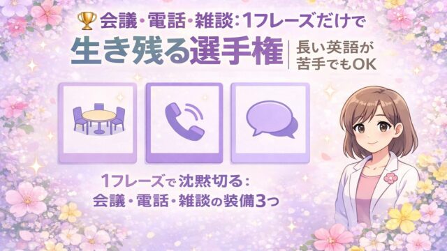 会議・電話・雑談を1フレーズで乗り切る方法を示すタイトル入りアイキャッチ