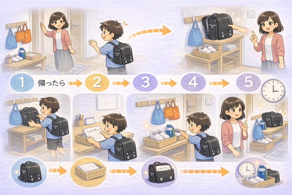 åž°å®
åŸã«ã©ã³ãã»ã«ã眮ãããªã³ããå
¥ã宿é¡åŸã«ããŸãçé¢ã«ææã¡ç©ããŸãšãæã«ç¢ºèªããäºã€ã®æµãã瀺ããæ¿çµµ