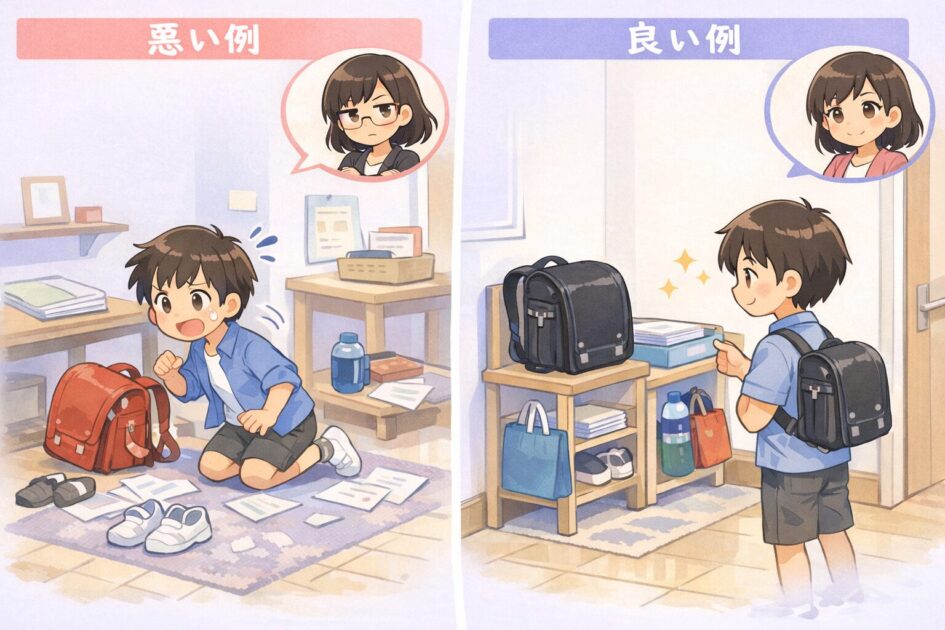 å¿ãç©ãããããæªãé
眮ãšå¿ãã«ããè¯ãé
眮ãå·Šå³ã§æ¯èŒãæã¡ç©ã®å®äœçœ®ã®å€§åãã瀺ããæ¿çµµ