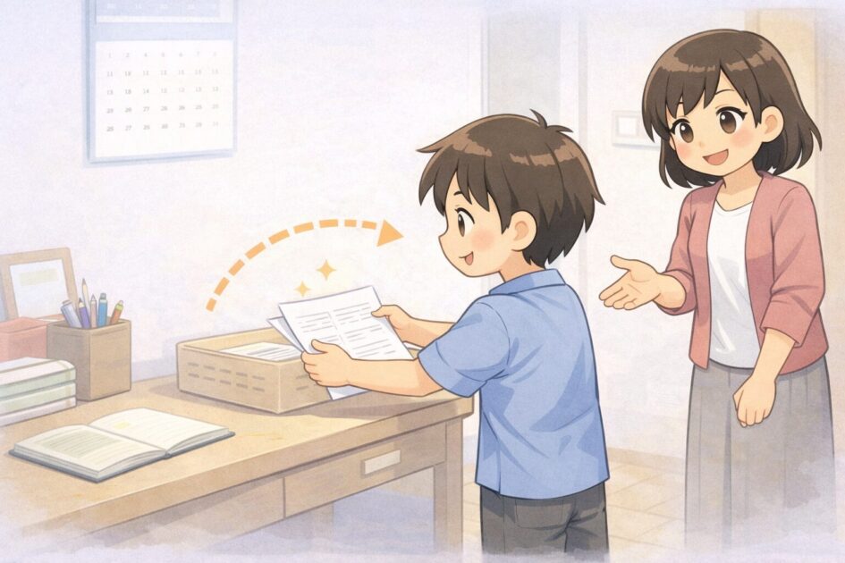 åŠæ ¡ããæã¡åž°ã£ãããªã³ããäžãæãžéããããšã§å®¿é¡ãæåºç©ã確èªããããããæ¿çµµ