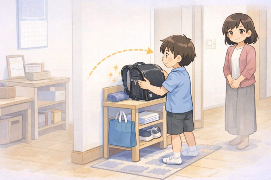 ã©ã³ãã»ã«ãåž°å®
åŸã«ãã€ãåãå Žæãžçœ®ãããšã§æã®ç¢ºèªããããããªãããšã瀺ããæ¿çµµ