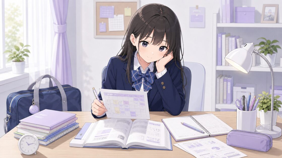 部活後に短い勉強ルーティンを始める高校生の様子を示す挿絵