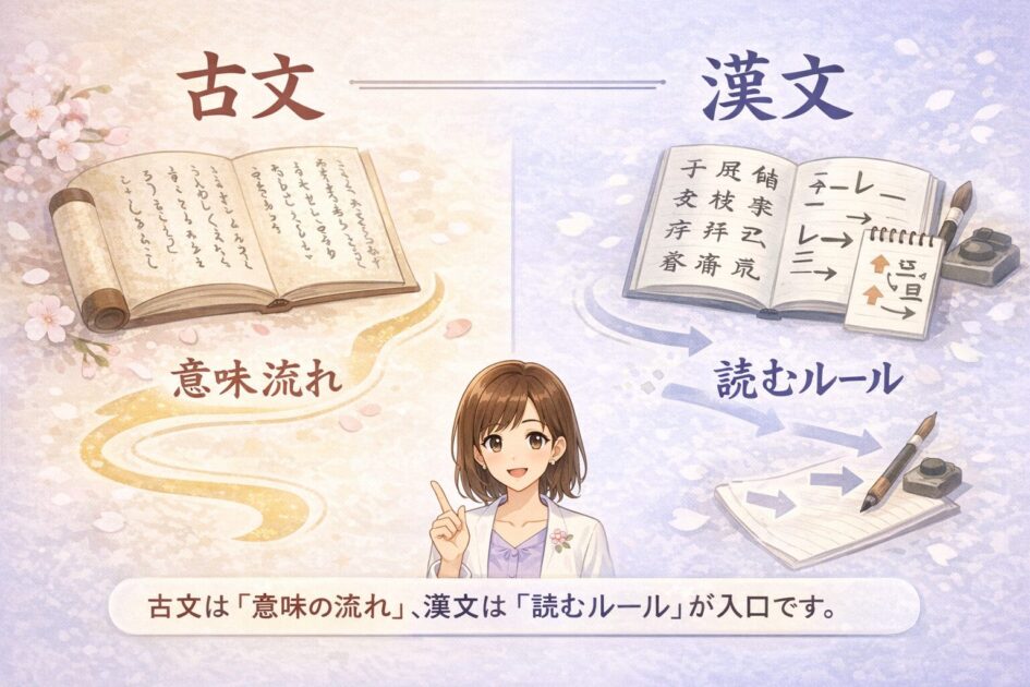 古文は昔の日本語、漢文は漢字の文を日本語として読む学習である違いを比較した理解補助図