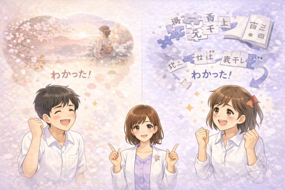 古文は意味や情景が見えてくる楽しさ、漢文はルールがつながって読める楽しさを示す挿絵