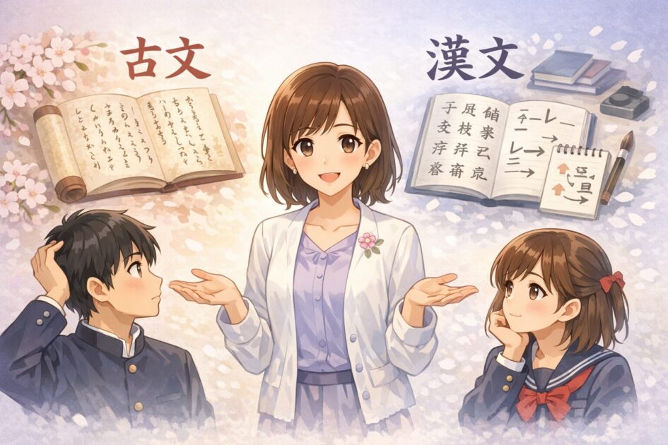 古文と漢文の違いを高校生向けにやさしく整理し、どちらから始めるべきか考える導入挿絵
