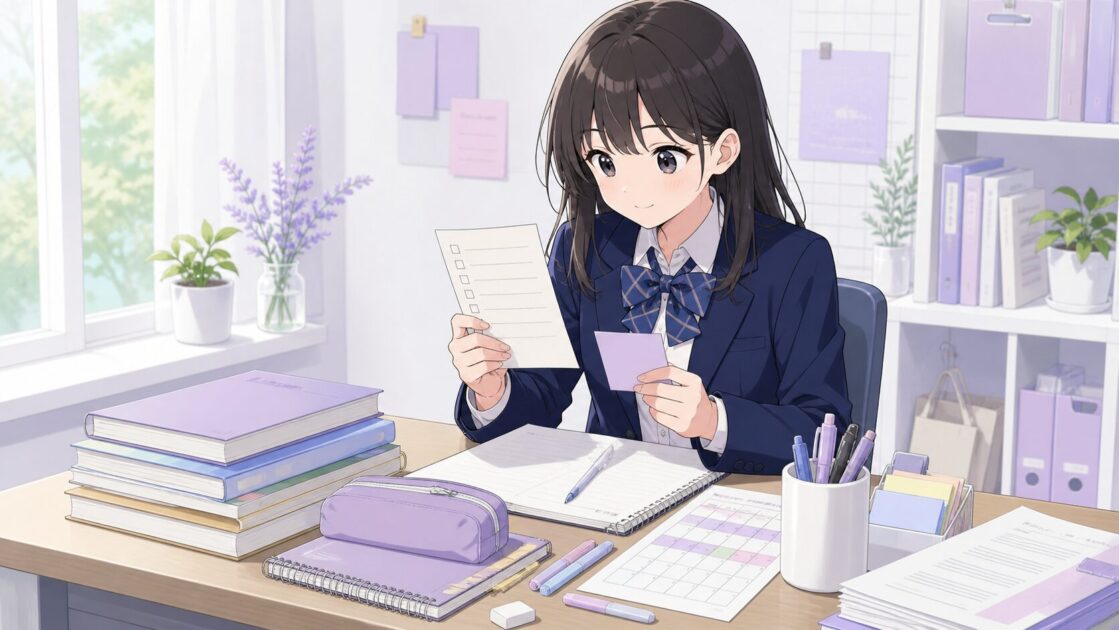 高校生が新学期のチェックリストを見ながら学習準備を整理している挿絵